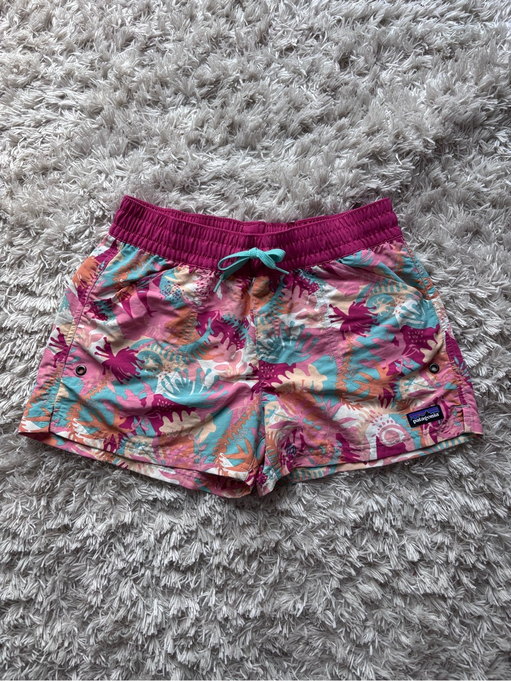 Patagonia Girls Costa Rica Baggies- Pink Teal Coral Tropical Shorts XL
